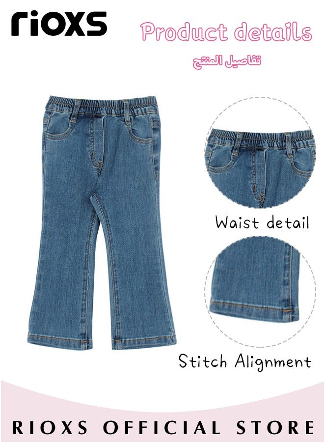 Girls Casual Elastic Waist Denim Pants, Fashionable Bell Bottom Pants, Comfortable Cotton Flared Jean, Ideal for Kids' Daily Activities