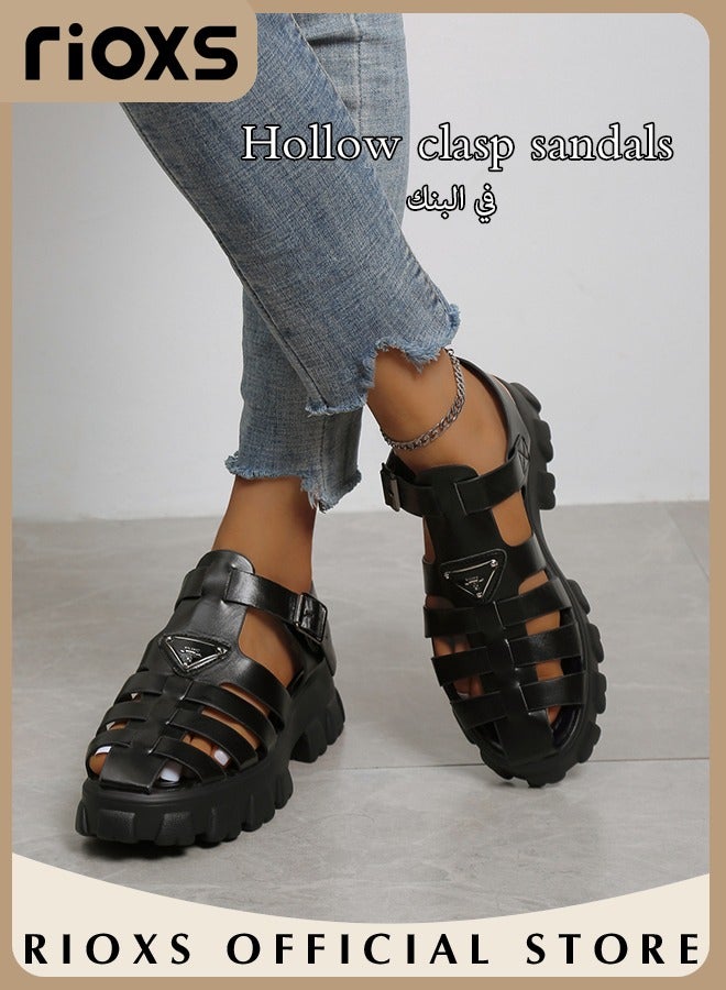 Women's Hollow Roman Sandals, Classic Platform Wedge Sandals, Chunky Block Heeled with Buckle, Meagan Fisherman Sandals for Women, Comfy Anti-slip Sandals, Strappy Gladiator Style Sandals, Versatile Stylish Ladies Sandals Paired with Jeans Dresses, Black Roman Sandals