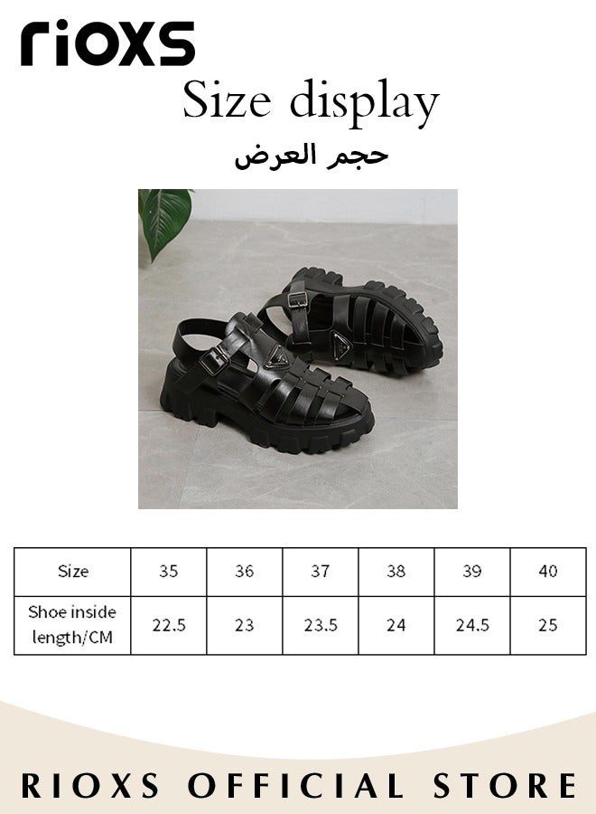 Women's Hollow Roman Sandals, Classic Platform Wedge Sandals, Chunky Block Heeled with Buckle, Meagan Fisherman Sandals for Women, Comfy Anti-slip Sandals, Strappy Gladiator Style Sandals, Versatile Stylish Ladies Sandals Paired with Jeans Dresses, Black Roman Sandals