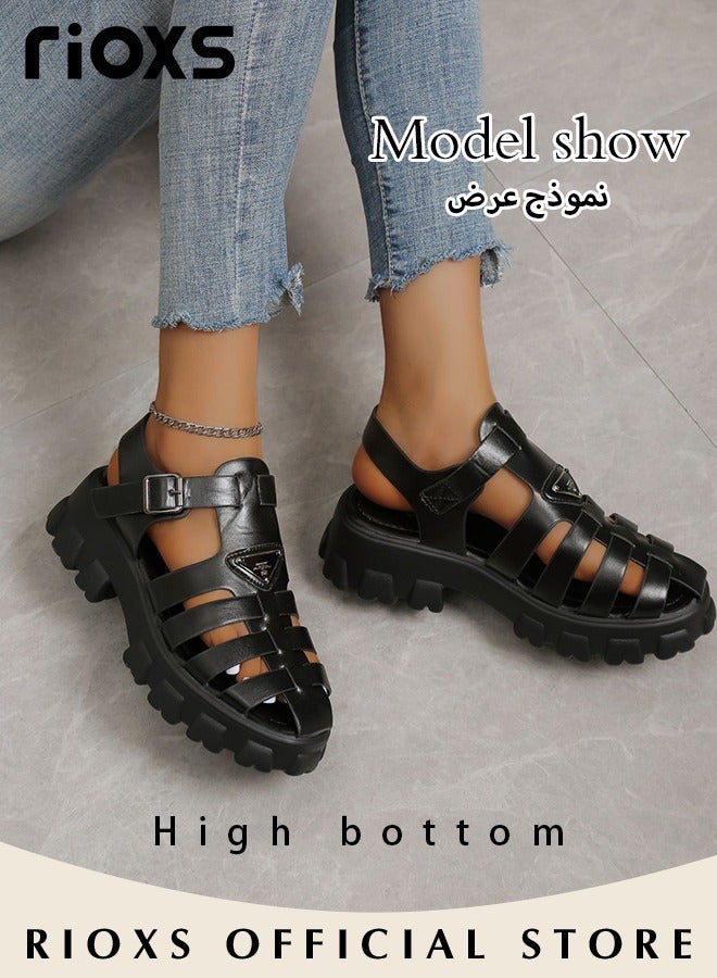 Women's Hollow Roman Sandals, Classic Platform Wedge Sandals, Chunky Block Heeled with Buckle, Meagan Fisherman Sandals for Women, Comfy Anti-slip Sandals, Strappy Gladiator Style Sandals, Versatile Stylish Ladies Sandals Paired with Jeans Dresses, Black Roman Sandals