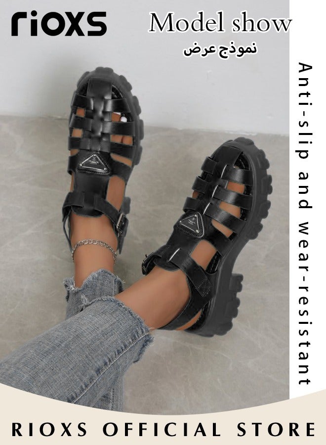 Women's Hollow Roman Sandals, Classic Platform Wedge Sandals, Chunky Block Heeled with Buckle, Meagan Fisherman Sandals for Women, Comfy Anti-slip Sandals, Strappy Gladiator Style Sandals, Versatile Stylish Ladies Sandals Paired with Jeans Dresses, Black Roman Sandals