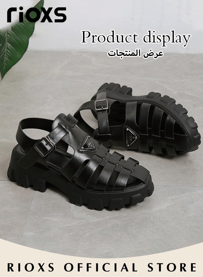 Women's Hollow Roman Sandals, Classic Platform Wedge Sandals, Chunky Block Heeled with Buckle, Meagan Fisherman Sandals for Women, Comfy Anti-slip Sandals, Strappy Gladiator Style Sandals, Versatile Stylish Ladies Sandals Paired with Jeans Dresses, Black Roman Sandals