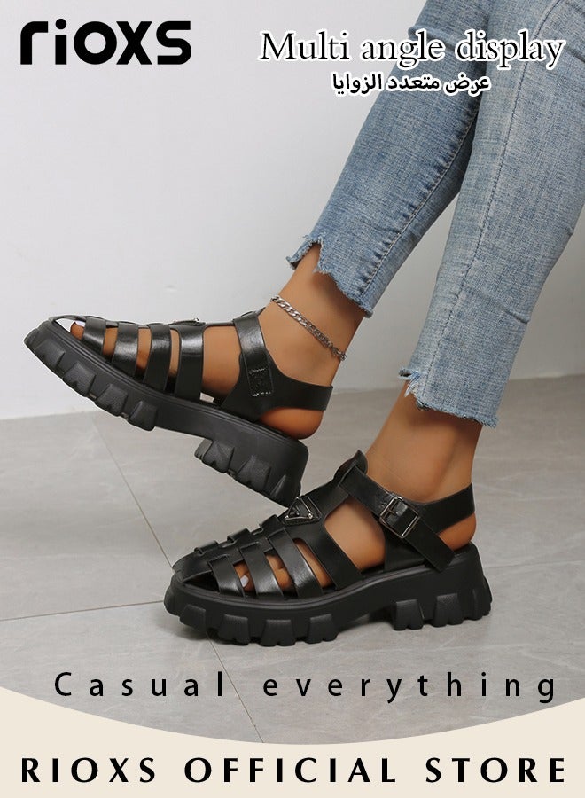 Women's Hollow Roman Sandals, Classic Platform Wedge Sandals, Chunky Block Heeled with Buckle, Meagan Fisherman Sandals for Women, Comfy Anti-slip Sandals, Strappy Gladiator Style Sandals, Versatile Stylish Ladies Sandals Paired with Jeans Dresses, Black Roman Sandals
