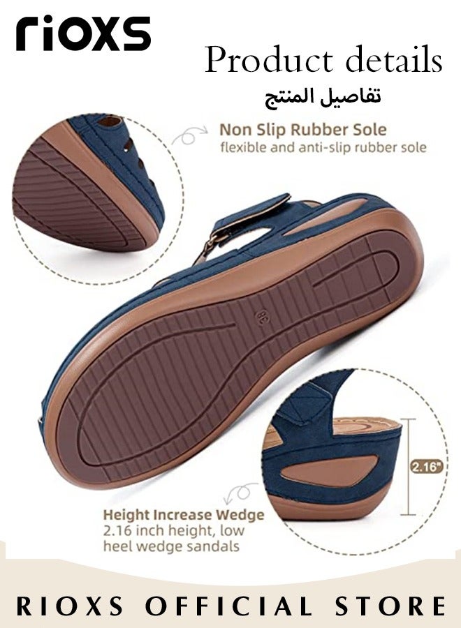 Women's Hollow Roman Wedge Sandals Round Open Toe Sandals Summer Comfortable Buckle Sandals