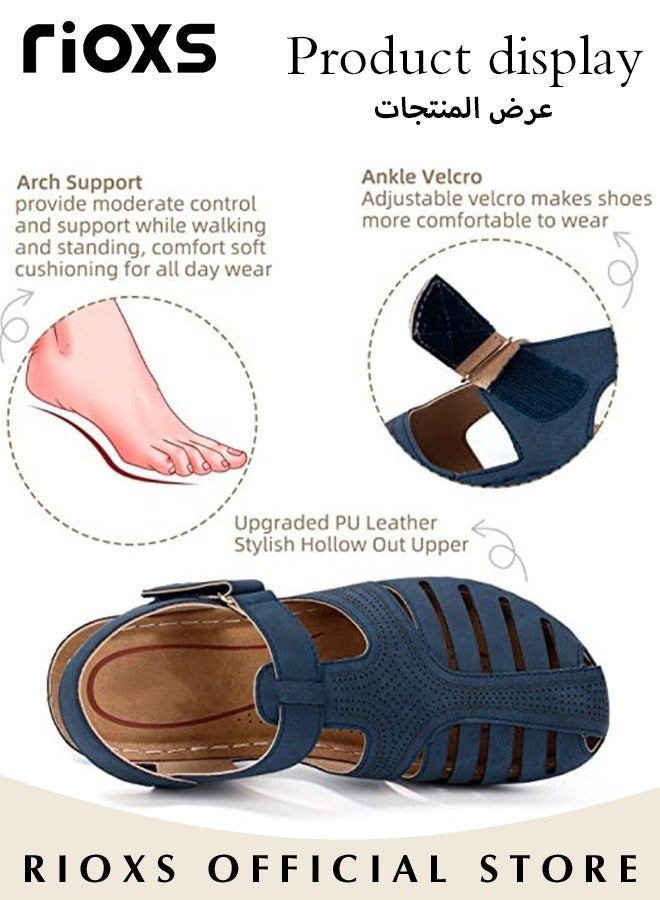 Women's Hollow Roman Wedge Sandals Round Open Toe Sandals Summer Comfortable Buckle Sandals