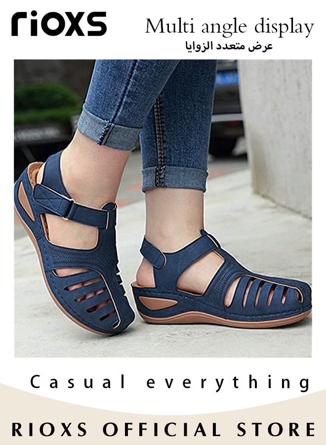 Women's Hollow Roman Wedge Sandals Round Open Toe Sandals Summer Comfortable Buckle Sandals