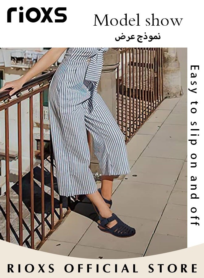 Women's Hollow Roman Wedge Sandals Round Open Toe Sandals Summer Comfortable Buckle Sandals