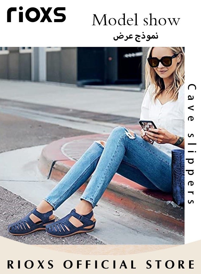 Women's Hollow Roman Wedge Sandals Round Open Toe Sandals Summer Comfortable Buckle Sandals