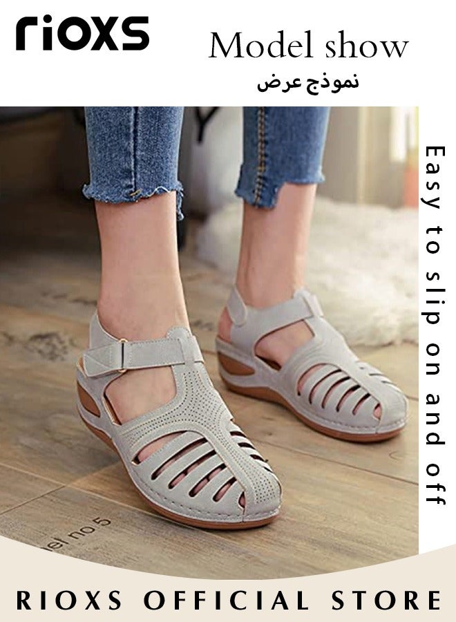 Women's Hollow Roman Wedge Sandals Round Open Toe Sandals Summer Comfortable Buckle Sandals