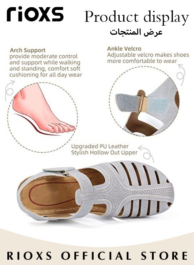 Women's Hollow Roman Wedge Sandals Round Open Toe Sandals Summer Comfortable Buckle Sandals