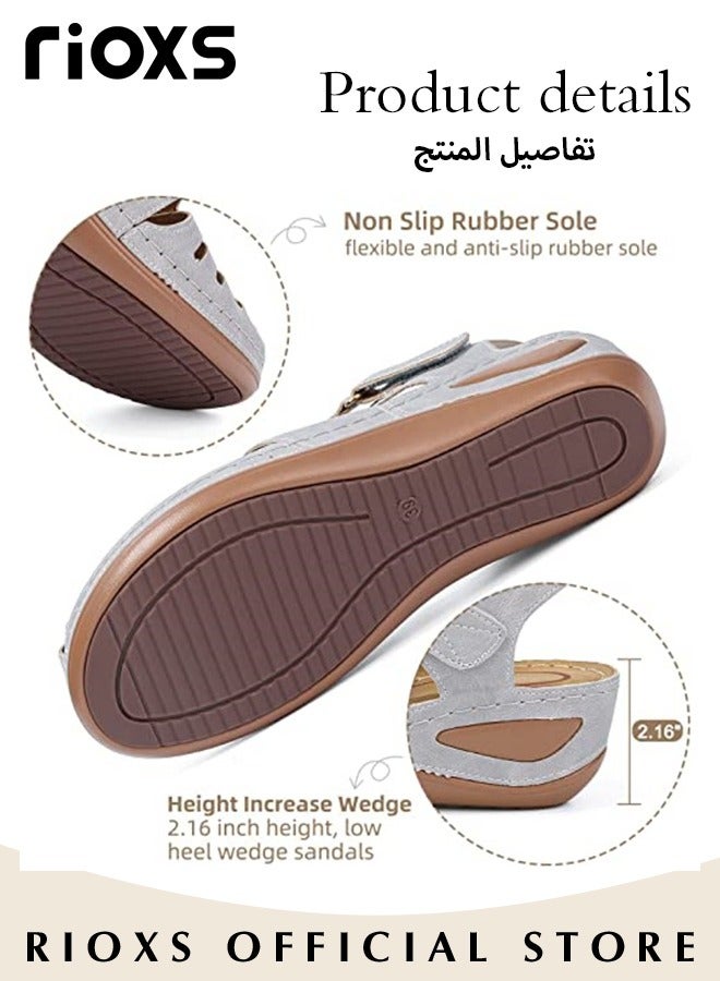 Women's Hollow Roman Wedge Sandals Round Open Toe Sandals Summer Comfortable Buckle Sandals