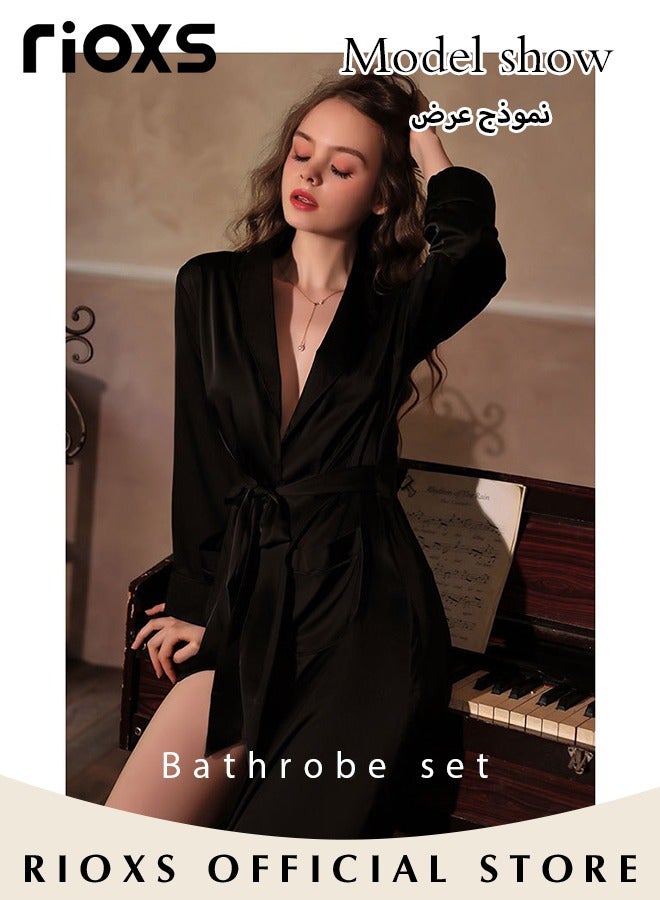 Women's Silky Robe Lightweight Kimono Bathrobe Long Belted Sleepwear Soft Loungewear With Pockets And Belts