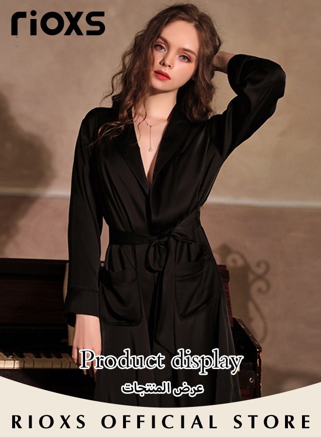 Women's Silky Robe Lightweight Kimono Bathrobe Long Belted Sleepwear Soft Loungewear With Pockets And Belts