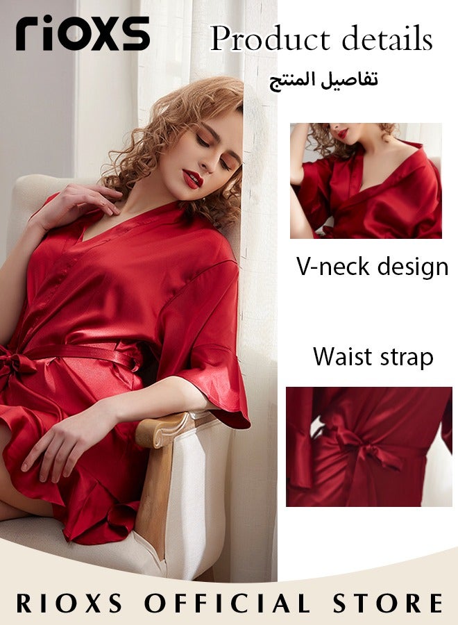 Women's Silk Robe Lightweight Kimono Bathrobe Short Robes Soft Bridesmaids Sleepwear Dress Loungewear With Belt