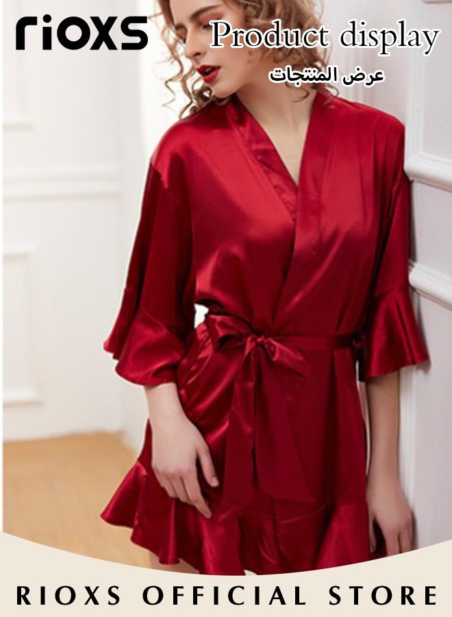 Women's Silk Robe Lightweight Kimono Bathrobe Short Robes Soft Bridesmaids Sleepwear Dress Loungewear With Belt