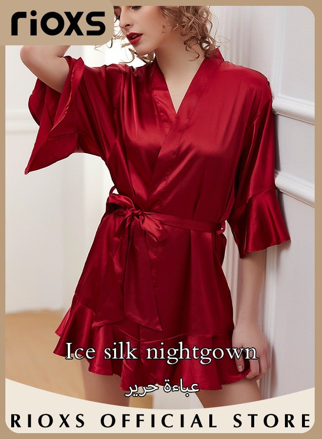 Women's Silk Robe Lightweight Kimono Bathrobe Short Robes Soft Bridesmaids Sleepwear Dress Loungewear With Belt