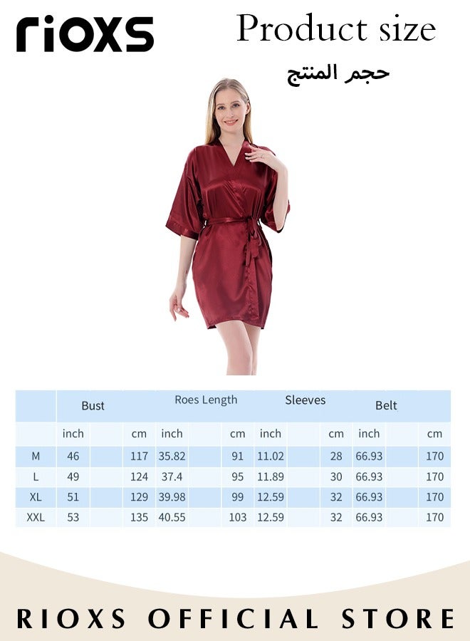 Women's Satin Robe Lightweight Kimono Bathrobe Short Robes Soft Bridesmaids Sleepwear Dress Loungewear With Belt