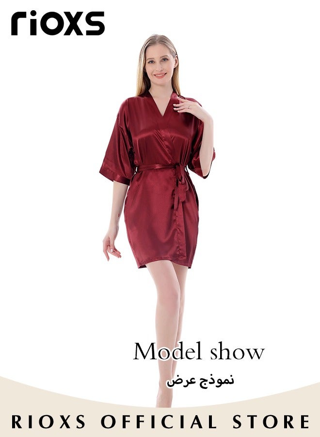 Women's Satin Robe Lightweight Kimono Bathrobe Short Robes Soft Bridesmaids Sleepwear Dress Loungewear With Belt