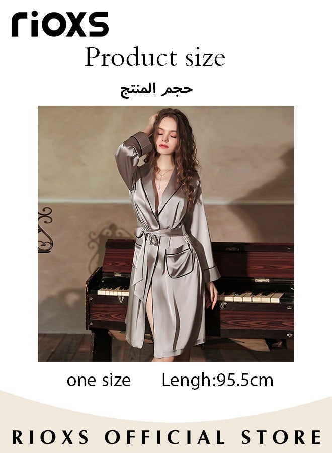 Women's Silky Robe Lightweight Kimono Bathrobe Long Belted Sleepwear Soft Loungewear With Pockets And Belts