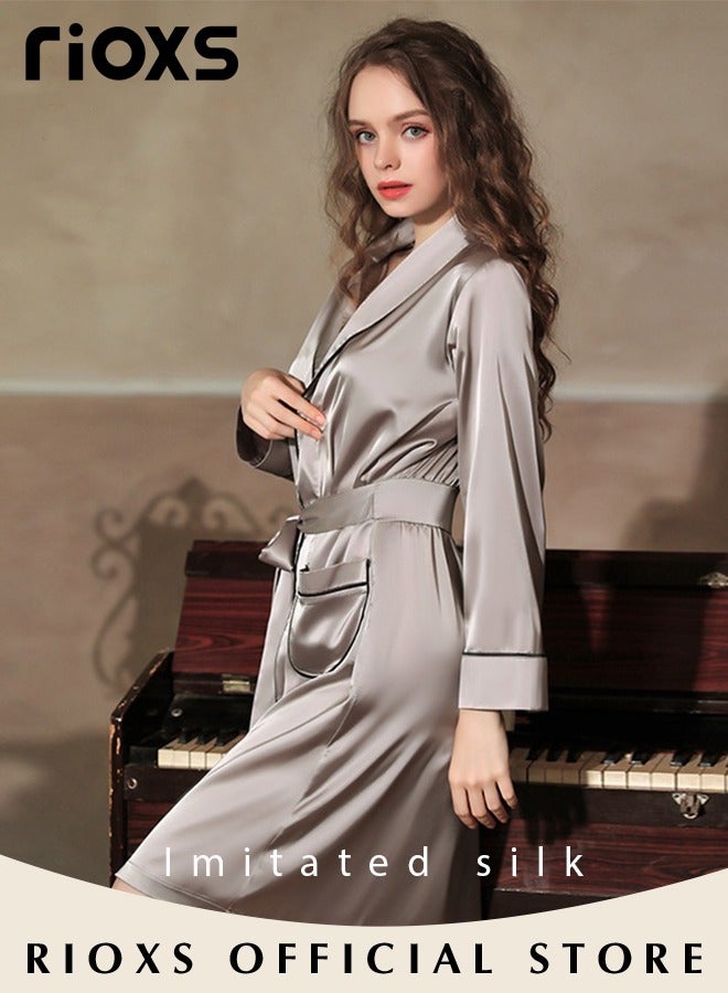 Women's Silky Robe Lightweight Kimono Bathrobe Long Belted Sleepwear Soft Loungewear With Pockets And Belts