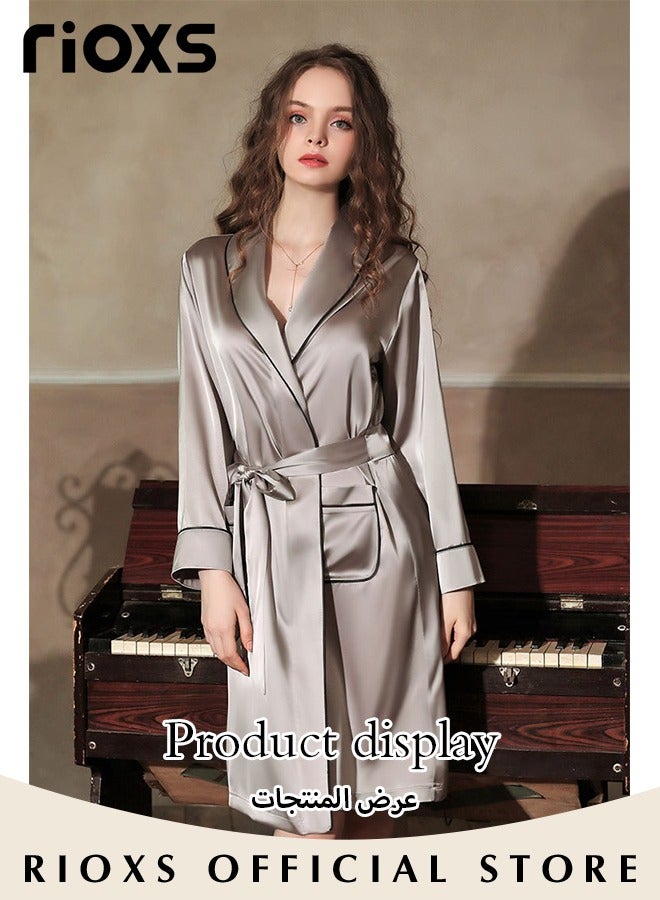 Women's Silky Robe Lightweight Kimono Bathrobe Long Belted Sleepwear Soft Loungewear With Pockets And Belts