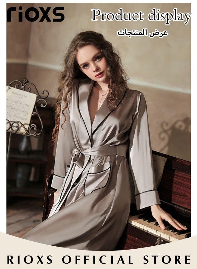 Women's Silky Robe Lightweight Kimono Bathrobe Long Belted Sleepwear Soft Loungewear With Pockets And Belts