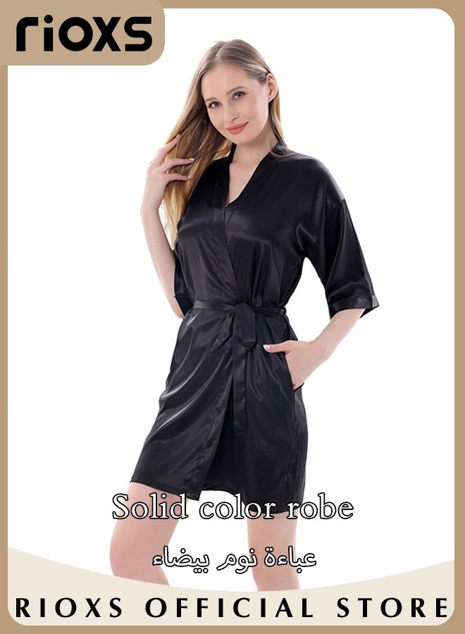 Women's Satin Robe Lightweight Kimono Bathrobe Short Robes Soft Bridesmaids Sleepwear Dress Loungewear With Belt