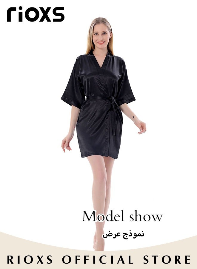 Women's Satin Robe Lightweight Kimono Bathrobe Short Robes Soft Bridesmaids Sleepwear Dress Loungewear With Belt