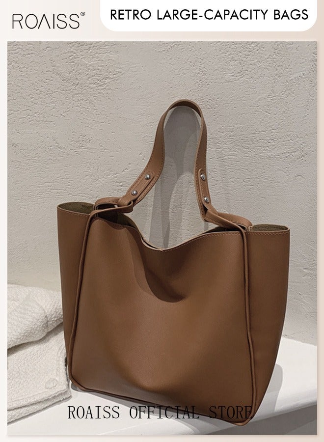 Women's Large-Capacity Bag All-Match Commuter Shoulder Bag Student Tote Bag Shopper Handbag Retro Texture Brown