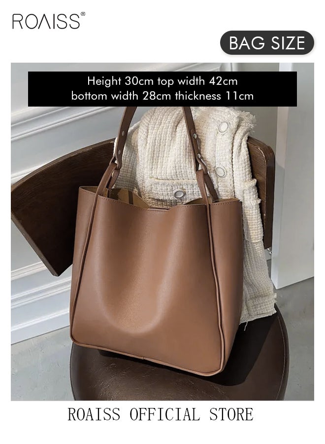 Women's Large-Capacity Bag All-Match Commuter Shoulder Bag Student Tote Bag Shopper Handbag Retro Texture Brown