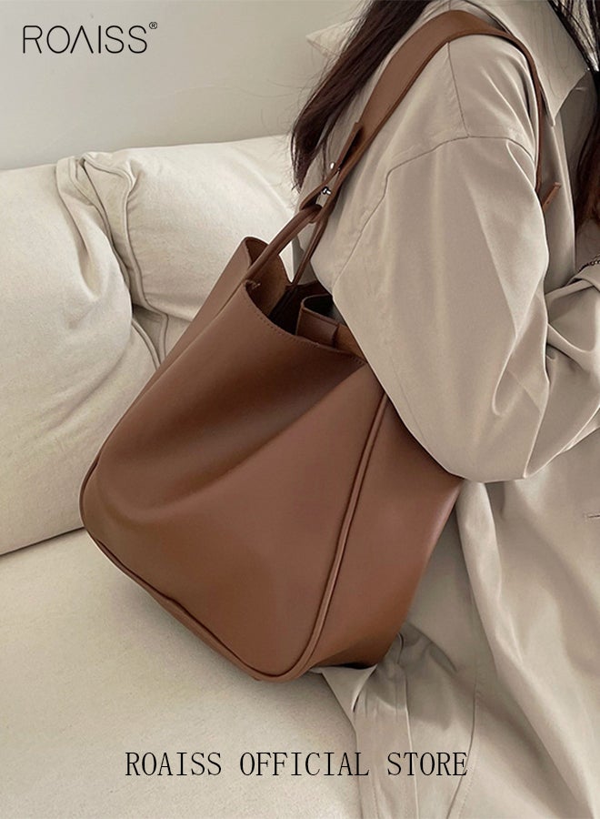 Women's Large-Capacity Bag All-Match Commuter Shoulder Bag Student Tote Bag Shopper Handbag Retro Texture Brown