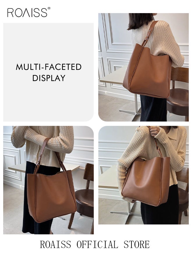 Women's Large-Capacity Bag All-Match Commuter Shoulder Bag Student Tote Bag Shopper Handbag Retro Texture Brown