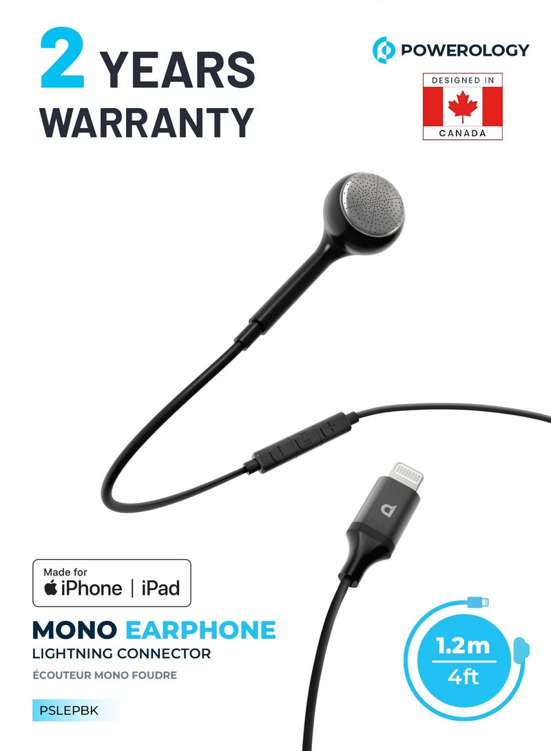 Mono Earphone Lightning Connector 1.2m/4ft/ Active In-Line Control Buttons/ High-Clarity Audio/ Enable Siri/ HD Sound/ Compatible to All Apple Lightning Devices Left or Right Ear - Black