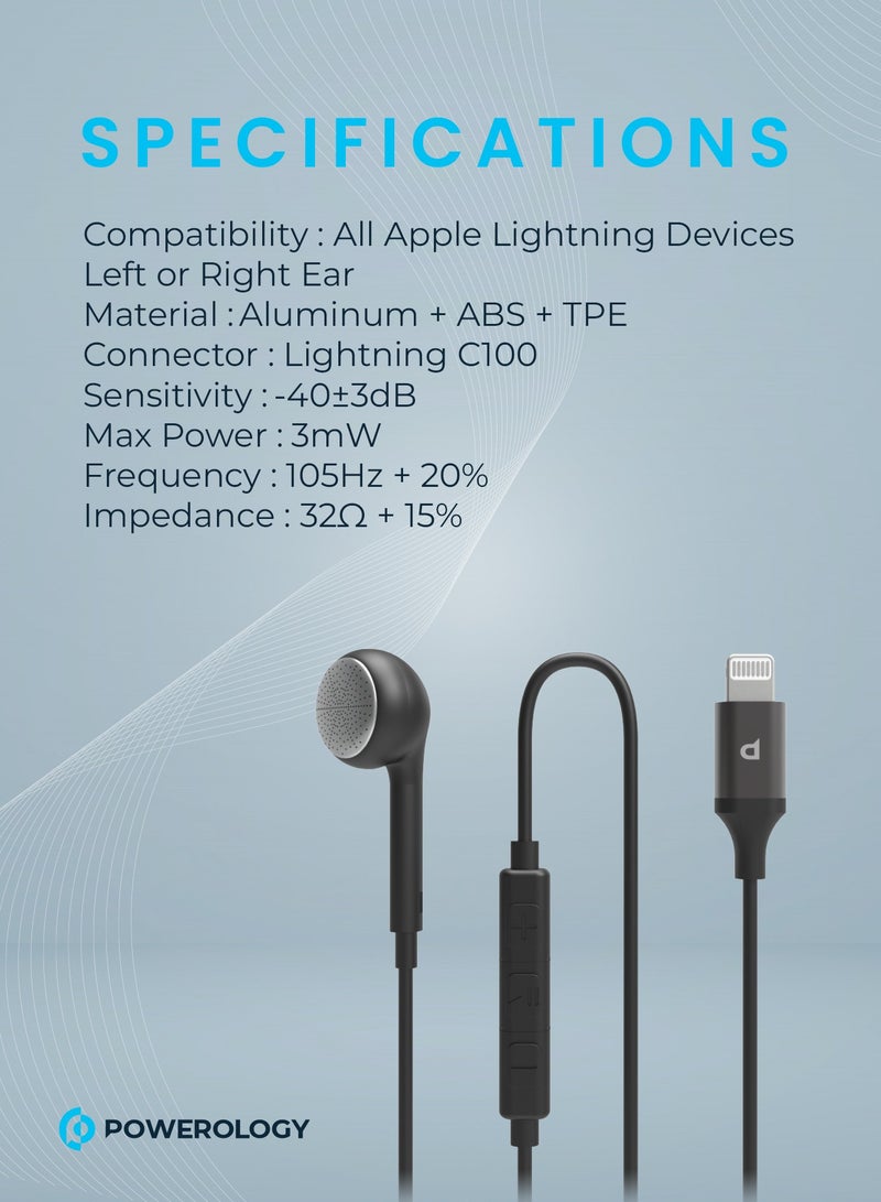Mono Earphone Lightning Connector 1.2m/4ft/ Active In-Line Control Buttons/ High-Clarity Audio/ Enable Siri/ HD Sound/ Compatible to All Apple Lightning Devices Left or Right Ear - Black