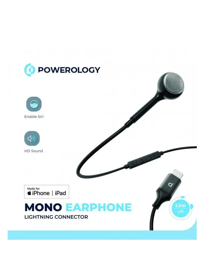 Mono Earphone Lightning Connector 1.2m/4ft/ Active In-Line Control Buttons/ High-Clarity Audio/ Enable Siri/ HD Sound/ Compatible to All Apple Lightning Devices Left or Right Ear - Black