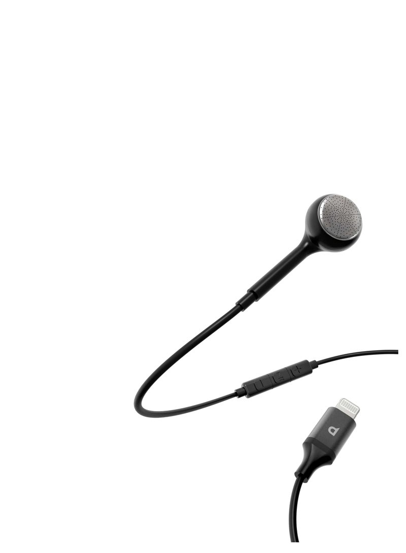 Mono Earphone Lightning Connector 1.2m/4ft/ Active In-Line Control Buttons/ High-Clarity Audio/ Enable Siri/ HD Sound/ Compatible to All Apple Lightning Devices Left or Right Ear - Black