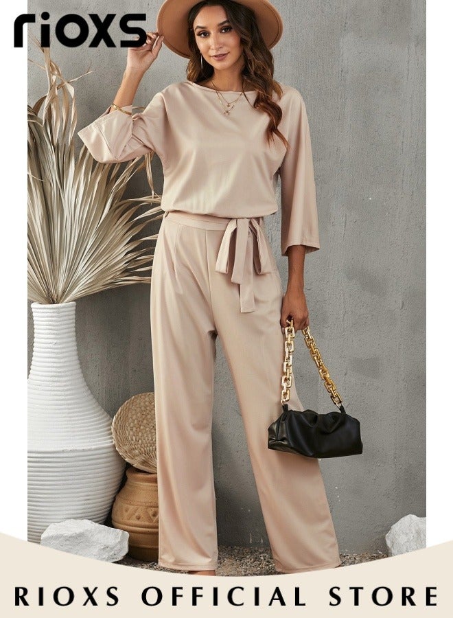 Womens Casual Jumpsuit Outfit 3/4 Long Sleeve Top And Loose Straight Leg Long Pants Romper Set With Waist Belt For Party And Daily