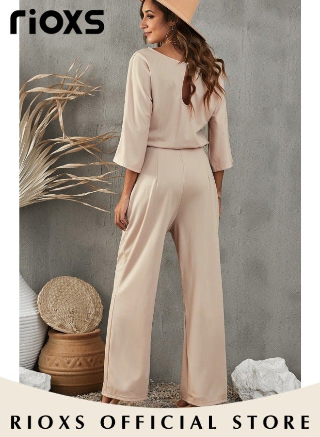 Womens Casual Jumpsuit Outfit 3/4 Long Sleeve Top And Loose Straight Leg Long Pants Romper Set With Waist Belt For Party And Daily