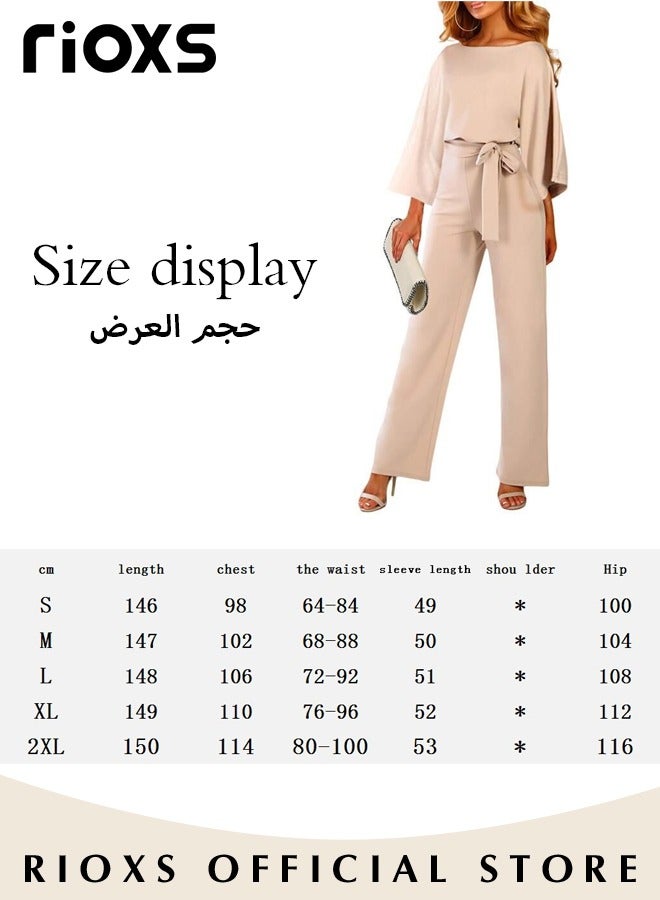 Womens Casual Jumpsuit Outfit 3/4 Long Sleeve Top And Loose Straight Leg Long Pants Romper Set With Waist Belt For Party And Daily