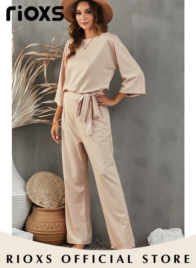 Womens Casual Jumpsuit Outfit 3/4 Long Sleeve Top And Loose Straight Leg Long Pants Romper Set With Waist Belt For Party And Daily