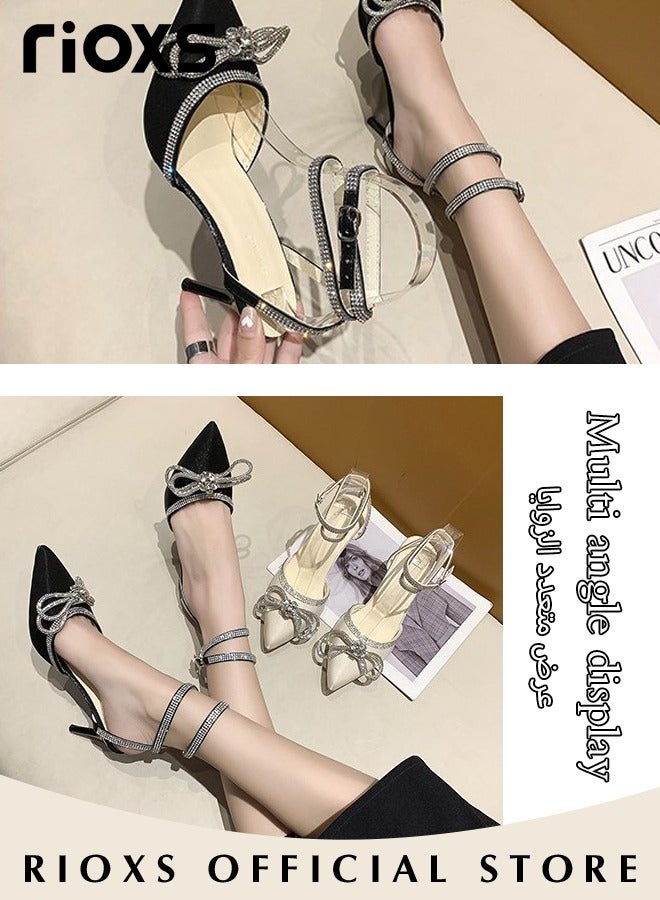 Women's Pointed Toe High Heels Ankle Strap Rhinestone Stilettos Bowknots Sandals For Wedding Party Or Date