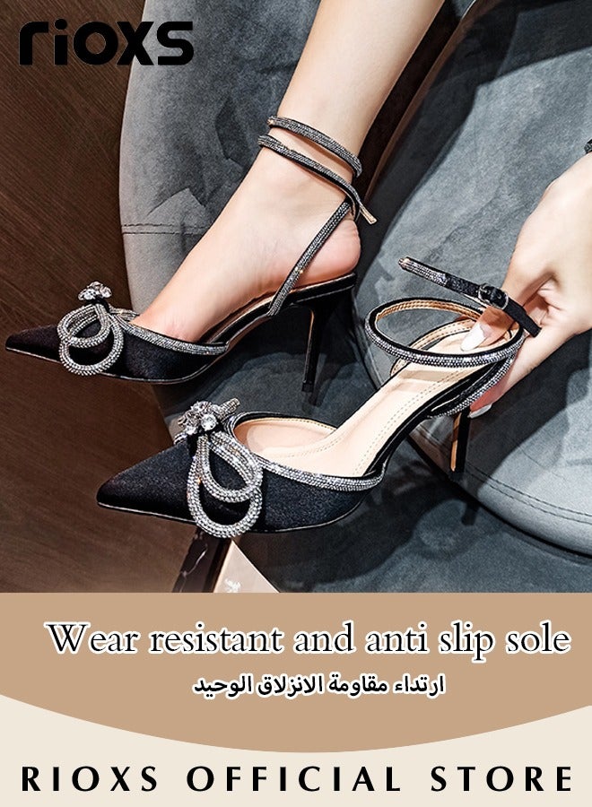 Women's Pointed Toe High Heels Ankle Strap Rhinestone Stilettos Bowknots Sandals For Wedding Party Or Date