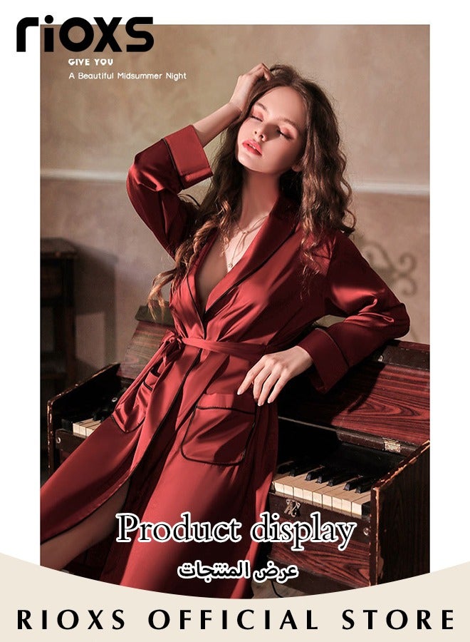 Women's Silky Satin Long Robe with Adjustable Tie and 2 Pockets, Skin-friendly Lightweight Kimono Bathrobe, Stylish Comfortable Nightgown, Perfect for Wedding Day, Pajamas Party, Daily Life Wear and Spa