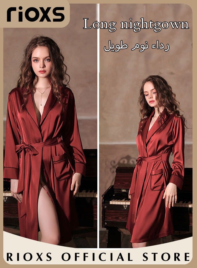 Women's Silky Satin Long Robe with Adjustable Tie and 2 Pockets, Skin-friendly Lightweight Kimono Bathrobe, Stylish Comfortable Nightgown, Perfect for Wedding Day, Pajamas Party, Daily Life Wear and Spa