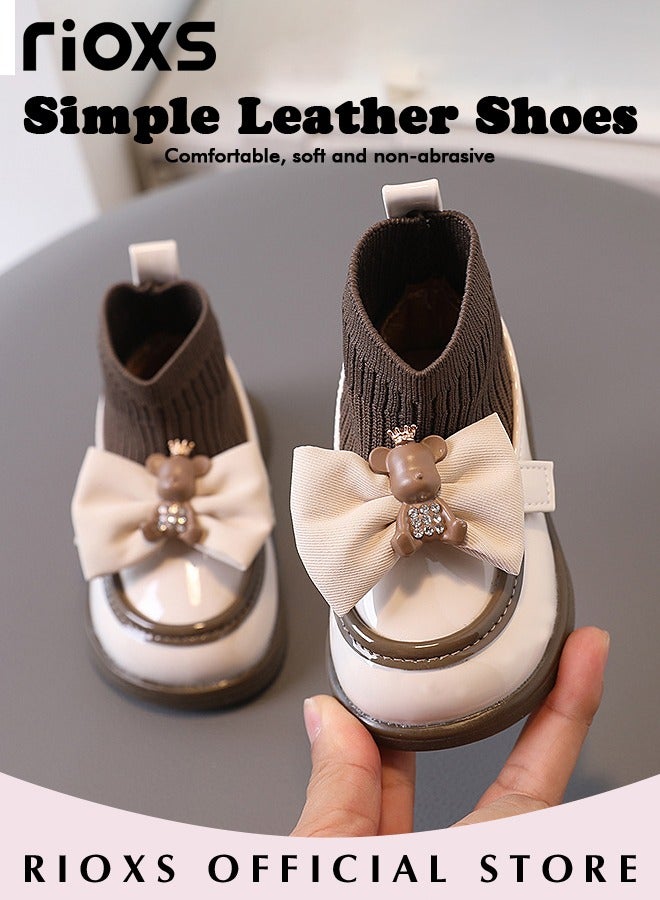 Girls' Bowknot Flat Loafers Closed Round Toe Patent Leather Fashion Slip-On Shoes Low Heel School Uniform Shoes for Special Occasions and Casual Wear