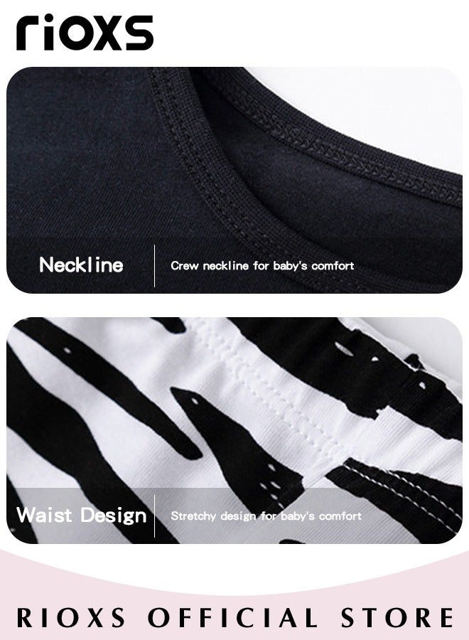 Kids Girls' Top and Pants Set, Little Girls' Short Sleeve Shirt and Long Pants Suits, Short Ruffled Sleeve with Zebra Strip Long Pants, 100% Cotton Breathable Outfits Summer Playwear for Casual, Daily Wear, Indoor and Outdoor, Black and White