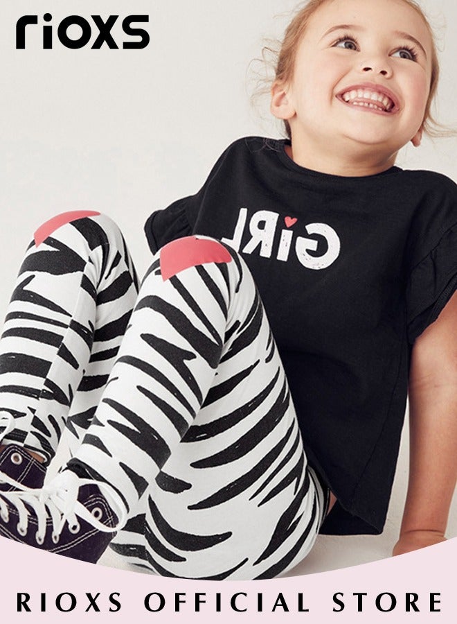 Kids Girls' Top and Pants Set, Little Girls' Short Sleeve Shirt and Long Pants Suits, Short Ruffled Sleeve with Zebra Strip Long Pants, 100% Cotton Breathable Outfits Summer Playwear for Casual, Daily Wear, Indoor and Outdoor, Black and White
