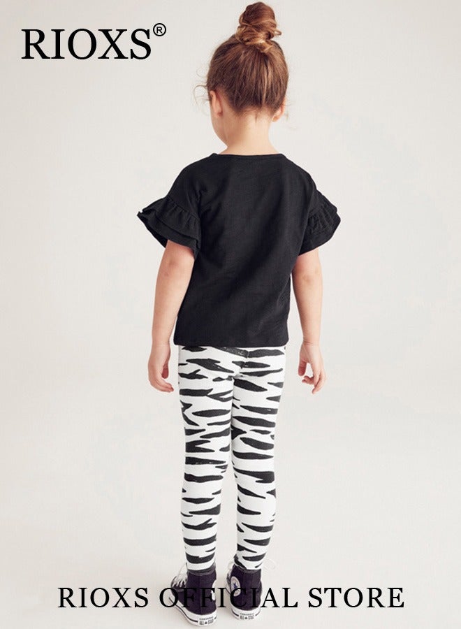 Kids Girls' Top and Pants Set, Little Girls' Short Sleeve Shirt and Long Pants Suits, Short Ruffled Sleeve with Zebra Strip Long Pants, 100% Cotton Breathable Outfits Summer Playwear for Casual, Daily Wear, Indoor and Outdoor, Black and White