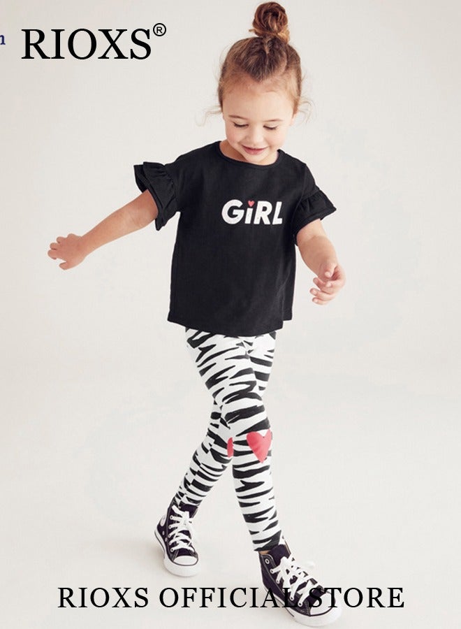 Kids Girls' Top and Pants Set, Little Girls' Short Sleeve Shirt and Long Pants Suits, Short Ruffled Sleeve with Zebra Strip Long Pants, 100% Cotton Breathable Outfits Summer Playwear for Casual, Daily Wear, Indoor and Outdoor, Black and White