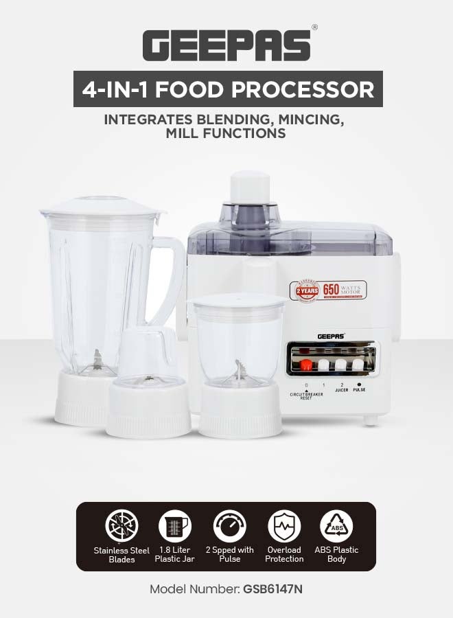 Multi-Functional 4-In-1 Food Processor (Juicer/Blender/ Grinder & Chopper) With Plastic Jar With SS Blades,2 Speed Control With Pulse 1.8 L 650 W GSB6147N White